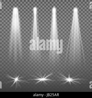 Weiße Balken leuchten Strahler Vektor. Leuchtende Lichteffekte auf transparenten Hintergrund isoliert. Stock Vektor