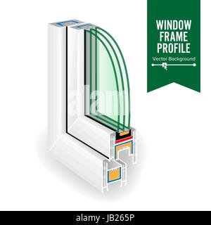 Kunststoff-Fenster-Rahmenprofil. Energie effiziente Fenster Querschnitt. Drei transparente Glas. Vektor Stock Vektor