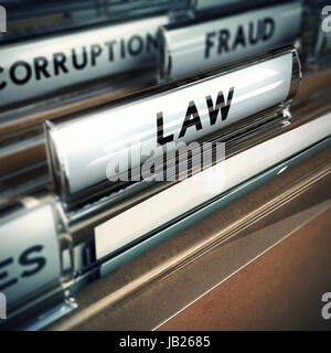 Datei mit engen oben auf einer Registerkarte, wo es, das Wort Gesetz geschrieben steht, im Hintergrund gibt es zwei Registerkarten mit Korruption und betrug Wörter. Konzept von Recht und Gerechtigkeit. Stockfoto