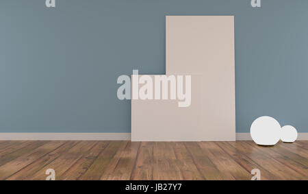 Zwei Mock-up-Poster in ein Wohnzimmer mit rustikalen Holzboden, 3D-Rendering Stockfoto