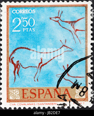 Spanien - CIRCA 1967: Eine Briefmarke gedruckt in Spanien Felszeichnungen in den Covalanas Höhlen von Spanien, ca. 1967 Stockfoto