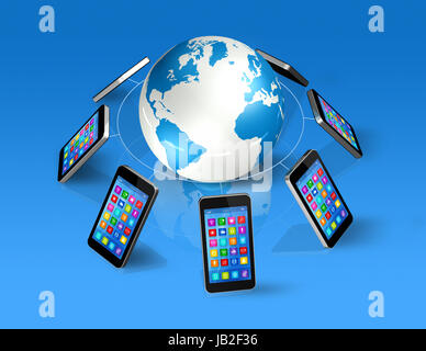 3D Smartphones um Weltglobus, isoliert auf blau - globale Kommunikations-Konzept Stockfoto
