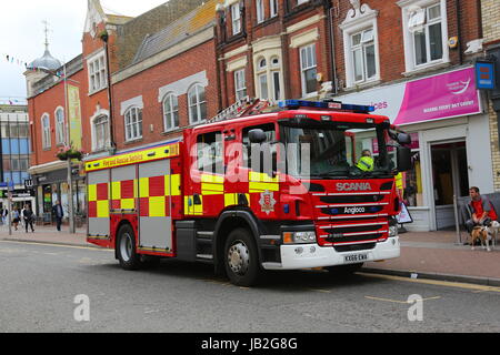 Feuerwehrauto bei Southend High Street. Southend-on-Sea, Essex, England. Stockfoto