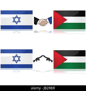 Konzept zeigt die Flaggen von Israel und Palästina geteilt durch Waffen oder einem Handschlag bedeutet Krieg und Frieden Stockfoto