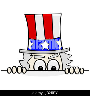 Begriff Cartoon Darstellung Uncle Sam heimlich mit Blick auf eine Wand auf jemanden auszuspionieren Stockfoto