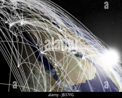 Netzwerk-Konzept mit Sonnenaufgang über der arabischen Halbinsel betrachtet aus dem Weltraum. Hochdetaillierte Planetenoberfläche mit Wolken und Citylights. Elemente des Bildes von der NASA eingerichtet. Stockfoto