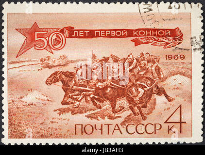 UdSSR - ca. 1969: Eine Briefmarke gedruckt in der UdSSR zeigt Kavallerie Rote Armee Tachanka während der Bürgerkrieg in Russland, ca. 1969 Stockfoto