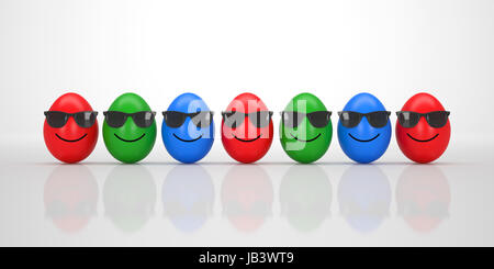Rot-Grün und blau schwarz Ostereier mit coolen Sonnenbrille Lächeln Stockfoto