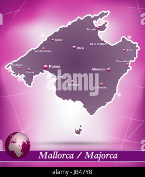 Mallorca, Insel von Spanien als Inselkarte Mit Abstraktem Hintergrund in Violett. Durch Die Ansprechende Gestaltung Fügt Sich Die Karte Perfekt in Ihr Vorhaben Ein. Stockfoto