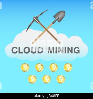 Bitcoin cloud Mining mit Spitzhacke und Schaufel auf Cloud-logo Stock Vektor