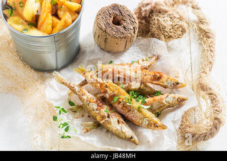 Roch Fish And Chips mit Salz auf weißem Hintergrund Stockfoto