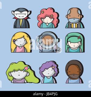 eingestellte Menschen Kawaii Avatar mit Ausdruck Stock Vektor