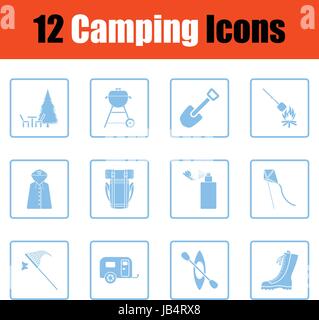 Camping-Icon-Set. Blauer Rahmen-Design. Vektor-Illustration. Stock Vektor
