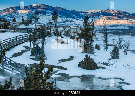 Promenade in der Nähe der Geysir - Winter im Yellowstone National Park Stockfoto