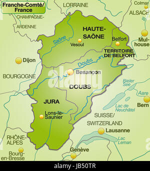 Franche-Comté in Frankreich als Umgebungskarte Mit Nachbarländern Mit Grenzen in Grün. Durch Die Ansprechende Gestaltung Fügt Sich Die Karte Perfekt in Ihr Vorhaben Ein. Stockfoto