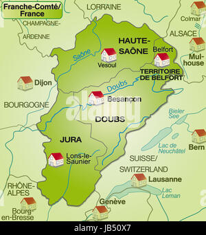 Franche-Comté in Frankreich als Umgebungskarte Mit Nachbarländern Mit Grenzen als Bildhafte Dartstellung. Diese Karte ist Besonders gut Geeignet Für Den Einsatz Im Internet. Durch Die Ansprechende Gestaltung Fügt Sich Die Karte Perfekt in Ihr Vorhaben Ein. Stockfoto