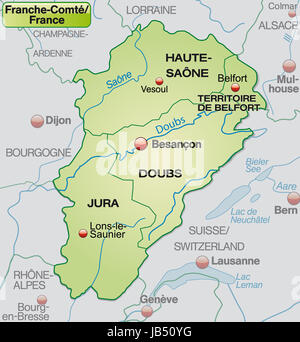 Franche-Comté in Frankreich als Umgebungskarte Mit Nachbarländern Mit Grenzen in Pastellgrün. Durch Die Ansprechende Gestaltung Fügt Sich Die Karte Perfekt in Ihr Vorhaben Ein. Stockfoto