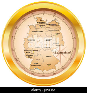 Die Karte ist in Einen Kompass Eingearbeitet Und Köhn sterben Bundesländer Mit Zugehöriger Hauptstadtkulturfonds.  Bei der Darstellung des Gebietes Wurde Besonders großer Wert Auf die Übersichtlichkeit setzt. Sterben Karte Kann Sofort Eingesetzt Werden Und ist Optimiert Für Den Druck Und Den Einsatz in digitalen Medien. Der Farbmodus ist RGB. Stockfoto