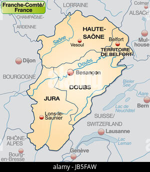 Franche-Comté in Frankreich als Umgebungskarte Mit Nachbarländern Mit Grenzen in Pastellorange. Durch Die Ansprechende Gestaltung Fügt Sich Die Karte Perfekt in Ihr Vorhaben Ein. Stockfoto