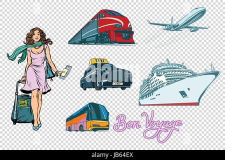 Touristischen Verkehr auf isolierte Hintergrund gesetzt. Passagier Frau Tourbus Kreuzfahrt Schiff Bahn Taxi und Flugzeug. Die Inschrift Bon Voyage. Pop Art Retro-ve Stock Vektor