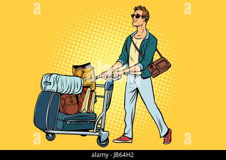 Mann-Tourist mit Gepäckwagen. Pop-Art-Retro-Vektor-illustration Stock Vektor