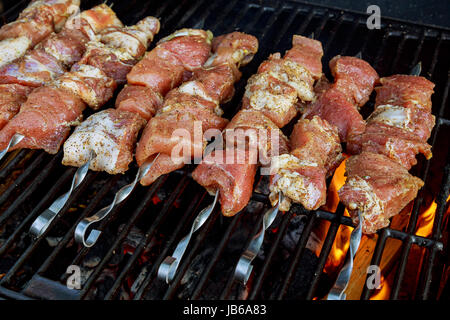 gesunden Schaschlik - Grill türkische Hühnerfleisch am Spieß über Holzkohle Grill im freien gegrillt Stockfoto