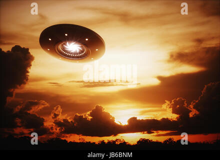 UFO im Himmel, Hintergrundbeleuchtung, Illustration. Stockfoto