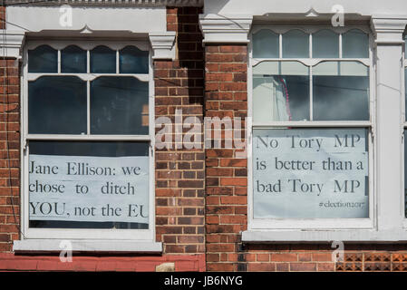 Battersea, London, UK. 9. Juni 2017. Plakate in einem flachen Fenster Battersea feiern Jane Ellisons Niederlage - Hervorhebung ihr Versagen gegenüber ihren Wählern zu hören, wenn sie für Artikel 50 obwohl sie gestimmt Abstimmung stark in der EU bleiben (die Wohnung hatte zuvor pro Lib Dem und Labour Plakate in den Fenstern). Umgestürzten konservative Arbeitsminister Jane Ellison die Mehrheit der fast 8.000 in Battersea, London Sitz in der ersten großen Kopfhaut der allgemeinen Wahlen. Bildnachweis: Guy Bell/Alamy Live-Nachrichten Stockfoto