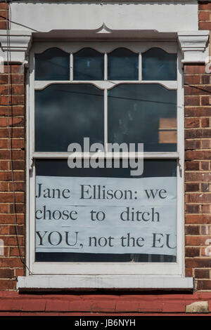 Battersea, London, UK. 9. Juni 2017. Plakate in einem flachen Fenster Battersea feiern Jane Ellisons Niederlage - Hervorhebung ihr Versagen gegenüber ihren Wählern zu hören, wenn sie für Artikel 50 obwohl sie gestimmt Abstimmung stark in der EU bleiben (die Wohnung hatte zuvor pro Lib Dem und Labour Plakate in den Fenstern). Umgestürzten konservative Arbeitsminister Jane Ellison die Mehrheit der fast 8.000 in Battersea, London Sitz in der ersten großen Kopfhaut der allgemeinen Wahlen. Bildnachweis: Guy Bell/Alamy Live-Nachrichten Stockfoto