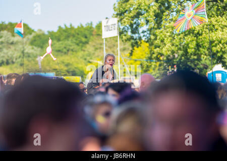 Isle Of Wight. 9. Juni 2017. Die Menge immer in Party Stimmung am 2. Tag des auf die Isle Of Wight Festival 2017 Credit: James Houlbrook/Alamy Live News Stockfoto