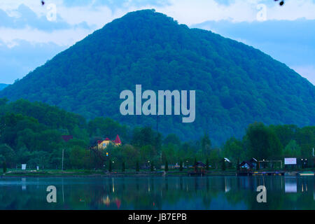 Wald-Berghang in eine niedrige Wolkendecke mit immergrünen Nadelbäumen, in einer malerischen Landschaft Landschaft Stockfoto