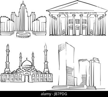 Astana Kasachstan berühmte Bauwerke, Monochrome skizzierten Reisen Sehenswürdigkeiten, skalierbare Vektor-Illustration Stock Vektor