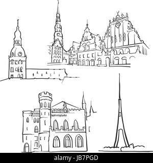 Riga Lettland berühmte Bauwerke, Monochrome skizzierten Reisen Sehenswürdigkeiten, skalierbare Vektor-Illustration Stock Vektor