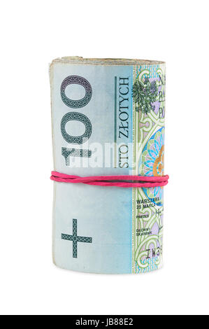 Polnische Banknoten von 100 PLN mit Kautschuk isoliert auf weißem Hintergrund mit Beschneidungspfad gerollt Stockfoto