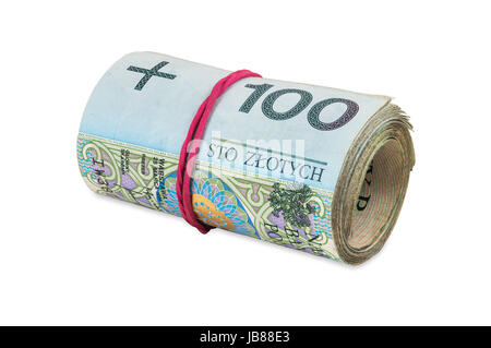 Polnische Banknoten von 100 PLN mit Kautschuk isoliert auf weißem Hintergrund mit Beschneidungspfad gerollt Stockfoto
