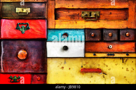 Abstraktes Bild von den verschiedenen alten Schubladen - Kommode - unter völliger Geheimhaltung - Foto - digital verändert Stockfoto