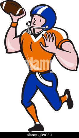 Beispiel für eine american-Football-Rost quarterback Spieler werfen Ball nach vorne auf isolierte Hintergrund im Cartoon-Stil gemacht. Stockfoto