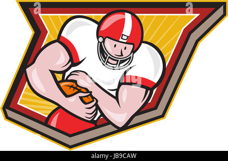 Illustration einer Rost Runningback Fußballspieler mit Ball nach vorne Abwehr Satz innen Schild getan im retro-Stil ausgeführt. Stockfoto