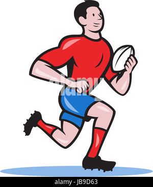 Beispiel für ein Rugby-Spieler läuft mit dem Ball Seitenansicht im Cartoon-Stil gemacht. Stockfoto