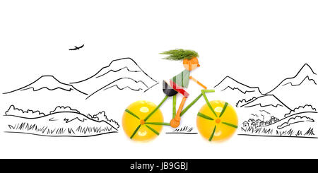 Obst und Gemüse in die Form des weiblichen Radfahrer mit dem Fahrrad in das Land. Stockfoto