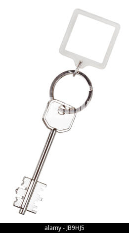 eine doppelseitige Schlüssel und quadratischen Schlüsselbund auf Ring isoliert auf weißem Hintergrund Stockfoto