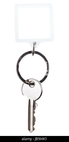 ein Stahl-Schlüssel und quadratischen Schlüsselbund auf Ring isoliert auf weißem Hintergrund Stockfoto