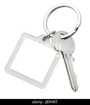 ein Haustürschlüssel und quadratischen Schlüsselbund auf Ring isoliert auf weißem Hintergrund Stockfoto