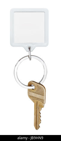 eine Tür Messing Schlüssel und quadratischen Schlüsselbund auf Ring isoliert auf weißem Hintergrund Stockfoto