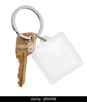 ein Heim Messing Schlüssel und quadratischen Schlüsselbund auf Ring isoliert auf weißem Hintergrund Stockfoto