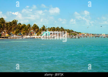 Schöne tropische Küste mit Anlegestellen für Boote auf der Insel Caye Caulker am Barrier Reef in der Karibik Stockfoto