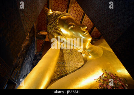 Der Liegende Buddha in der Tempelanlage des Wat Pho in der Hauptstadt Bangkok von Thailand in Suedostasien. Stockfoto