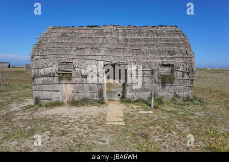 Traditionellen Fischer Hütte gemacht aus Schilf, Canet En Roussillon, Pyrenäen Orientales, Roussillon, Südfrankreich Stockfoto