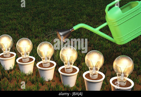 einige beleuchtete Glühbirnen in weißen Töpfen in einer Reihe angeordnet werden durch eine grüne Gießkanne auf einem grasbewachsenen Boden bewässert. Stockfoto