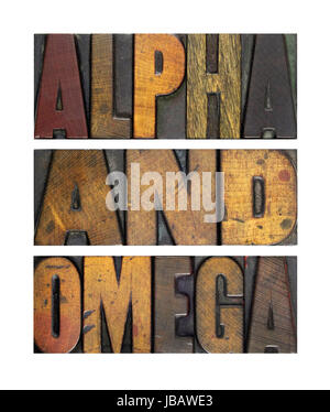 Die Worte ALPHA und OMEGA isoliert und in Vintage Buchdruck Art geschrieben Stockfoto